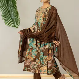 Yufta Women Floral Printed Regular Sequinned Kurta with Trousers & With Dupatta image 5