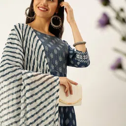 SHOWOFF Women Blue Ethnic Motifs Yoke Design Sequinned Kurta with Trousers & With Dupatta image 1