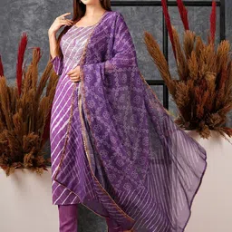 KALINI Women Leheriya Embroidered Regular Thread Work Kurta with Trousers & With Dupatta image 5