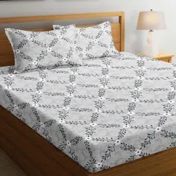 aurave Grey Floral 144 TC Cotton King Fitted Bedsheet with 2 Pillow Covers-picture-28