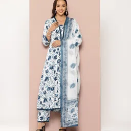 PARTHVI Floral Printed Pure Cotton Kurta With Trousers & Dupatta image 1