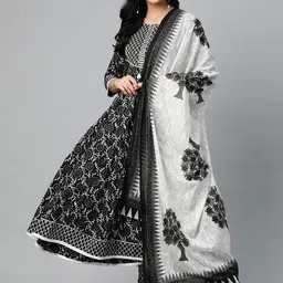 AHIKA Women Black & White Printed Sequinned Kurta with Trousers & Dupatta image 5