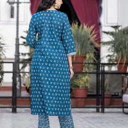 KALINI Women Turquoise Blue Printed Cotton Kurta with Trousers With Dupatta image 5