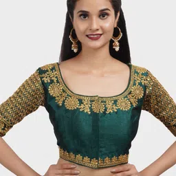 Trendzmy Women Green Embroidered Silk Saree Blouse-image-11