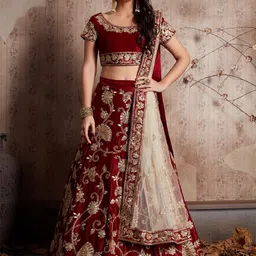 ODETTE Maroon & Cream-Coloured Embroidered Semi-Stitched Lehenga & Unstitched Blouse With Dupatta-image-13