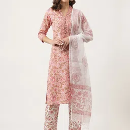 KALINI Floral Printed V-Neck Pure Cotton Straight Kurta & Trouser With Dupatta image 1