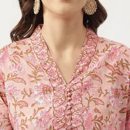 KALINI Floral Printed V-Neck Pure Cotton Straight Kurta & Trouser With Dupatta image 2