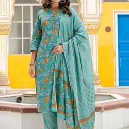 Kohsh Floral Printed Pure Cotton Straight Kurta With Trousers & Dupatta image 1