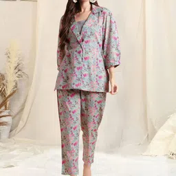 KALINI Floral Printed Round Neck Pure Cotton Top With Jacket  & Trousers-picture-35