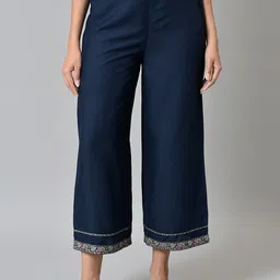 W Women Navy Blue Solid Trousers-image-13