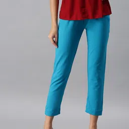 De Moza Women Teal Pencil Slim Fit Pleated Trousers-image-70
