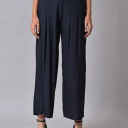 W Women Blue Cropped Pleated Trousers-image-84