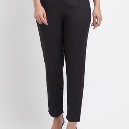 W Women Black Slim Fit Pleated Trousers-image-21