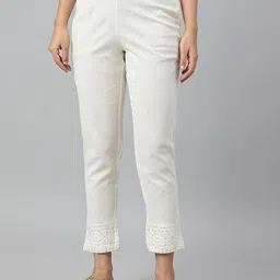 w Ecru Cotton Blend Slim Pants-picture-27