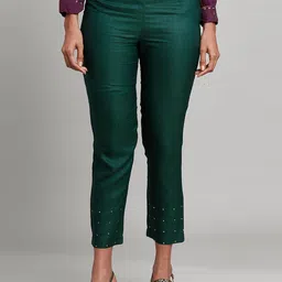 W The Folksong Collection Women Green Solid Poly Silk Trousers-image-95