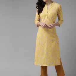 anayna Women Yellow & Rust Floral Printed Pure Cotton Kurta with Trousers-picture-21