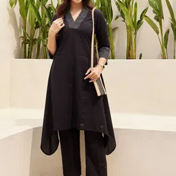 Ambraee Striped V-Neck Regular Sleeves A-Line Pure Cotton Kurta & Trousers image 1