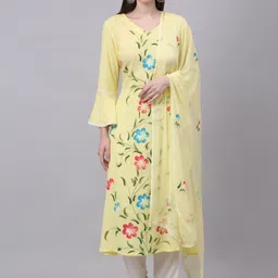 KALINI Women Yellow Floral Printed Kurta with Trousers & With Dupatta-picture-13
