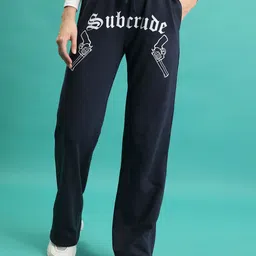 Tokyo Talkies Women Navy Blue Loose Fit High-Rise Typography Printed Trouser-image-92