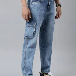 CINOCCI Men Faded Relaxed Straight Fit Mid-Rise Cargos Trousers image 2