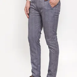 JAINISH Men Blue Checked Smart Tapered Fit Formal Trousers image 4