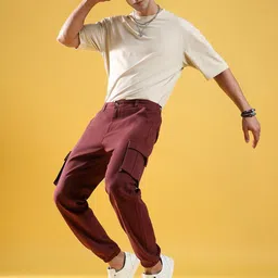 Campus Sutra Mens Maroon Relaxed Regular Fit Cotton Joggers Trousers image 2