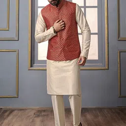 Inddus Mandarin Collar Regular Straight Kurta with Trousers With Nehru Jacket image 5