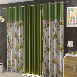 aadi traders Green Polyester Floral and Solid 9ft Semisheer Eyelet Long Door Curtains (3Pcs)-picture-39