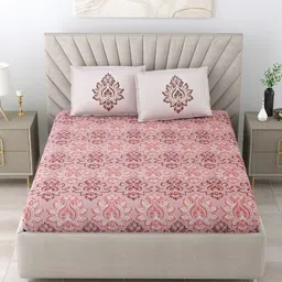 Salona Bichona Pink & White Ethnic Motifs 180 TC King Bedsheet with 2 Pillow Covers image 1