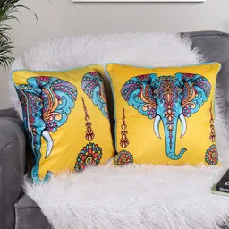 STITCHNEST Yellow & Blue 2 Pieces Ethnic Motifs Velvet Square Cushion Covers image 1