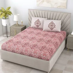Salona Bichona Pink & White Ethnic Motifs 180 TC King Bedsheet with 2 Pillow Covers image 2