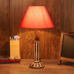 Red Fabric Shade Table Lamp with White and Brown Base by Foziq-picture-11