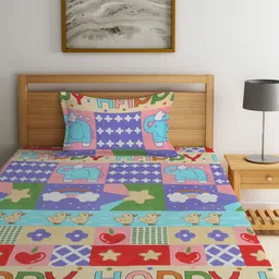 FABINALIV Purple & Pink Graphic Fitted 300 TC Single Bedsheet With 1 Pillow Cover image 2