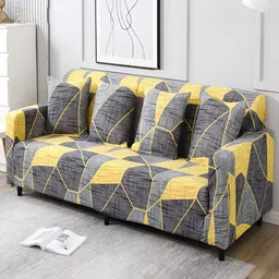 HOKIPO Grey & Yellow Printed 4 Seater Elasticated Sofa Cover With Arms image 2