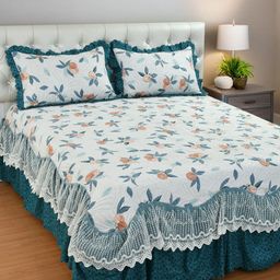 THE little BIG STORE White & Teal Floral 300 TC King Bedsheet with 2 Pillow Covers-picture-43