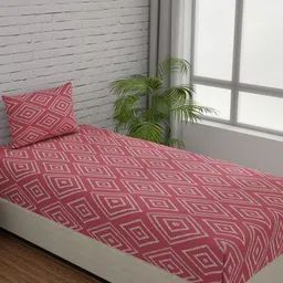 Huesland Comfort Peach & White Geometric 144 TC Cotton Single Bedsheet &1 Pillow Cover-image-34