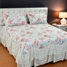 THE little BIG STORE Blue & Red Floral 300 TC King Bedsheet with 2 Pillow Covers-picture-16