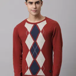 Cantabil Men Rust & Navy Blue Geometric Self Design Pullover Sweater-image-96