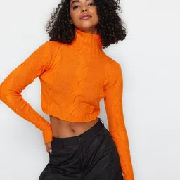 Trendyol Cable Knit Self Design Turtle Neck Crop Pullover Sweater-picture-26