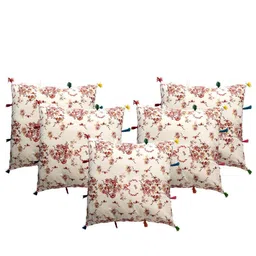 Contrast Living White & Red 5 Pieces Floral Printed Cotton Square Cushion Covers-image-87