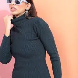 Tokyo Talkies Women Teal Green Ribbed Pullover-picture-46