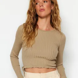 Trendyol Ribbed Round Neck Long Sleeves Crop Pullover Sweaters-picture-10