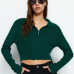 Trendyol Ribbed Shirt Collar Long Sleeve Zip Detail Crop Acrylic Pullover Sweaters-picture-41
