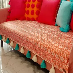 THROWPILLOW Orange & White Printed Anti Slip Tassels 4 Seater Sofa Cover-picture-22