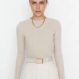 Trendyol Women Beige Ribbed Pullover-picture-20