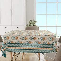 Astitva Cream-Coloured & Blue Ethnic Printed Pure Cotton 8-Seater Table Covers image 2