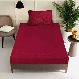 KLOTTHE Red Woollen 300 TC Fitted Single Bedsheet With Pillow Cover image 3