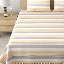Homez Sparrow Yellow & White Striped Cotton 210 TC King Bedsheet with 2 Pillow Covers image 3