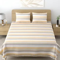 Homez Sparrow Yellow & White Striped Cotton 210 TC King Bedsheet with 2 Pillow Covers image 4