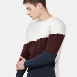 t-base Men Maroon & Blue Colourblocked Pullover image 4